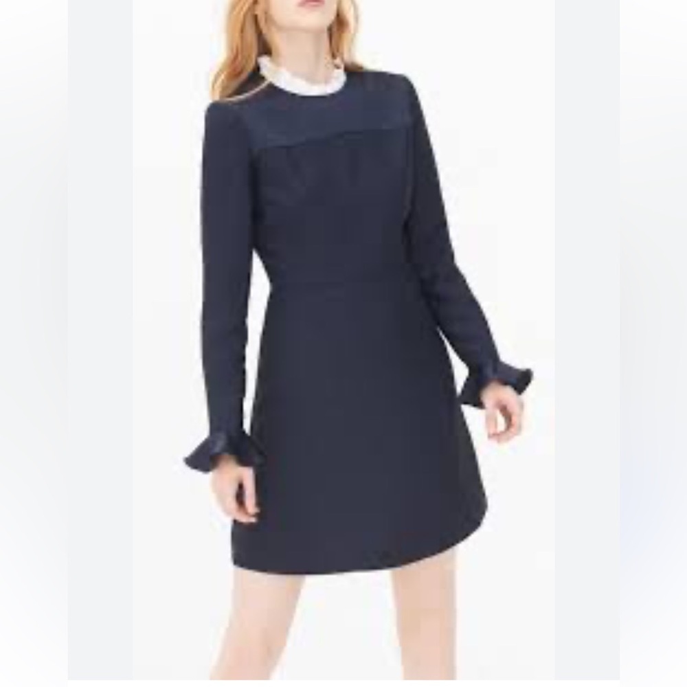 Sandro Elegant navy satin and mixed Long Sleeve Dress dainty small S